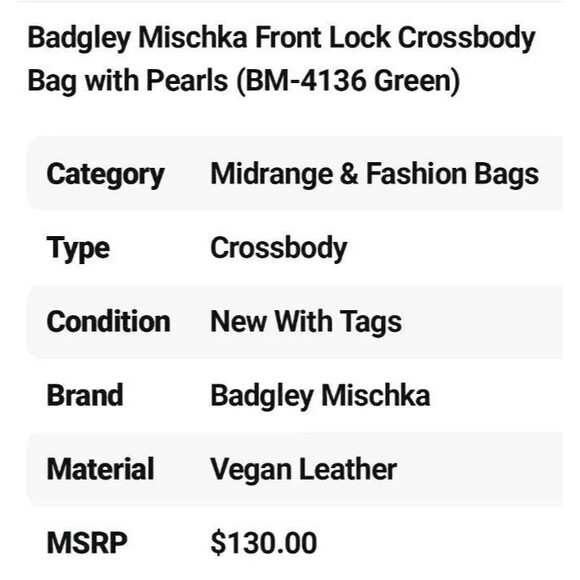 Badgley M Vegan Leather Crossbody Bag NWT Purse Handbag Women's Lock Pearls $129 - Picture 5 of 15